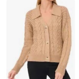 NWT CeCe Cableknit Johnny Collar Cardigan Sweater Size XL Latte Heather V-Neck